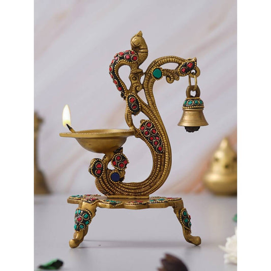 Grab2Buy Gold Toned Peacock Shaped Traditional Brass Diya With Bell & Stand