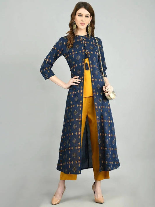 Myshka Women Navy Blue Cotton Printed Shrug, Top And Pant Set