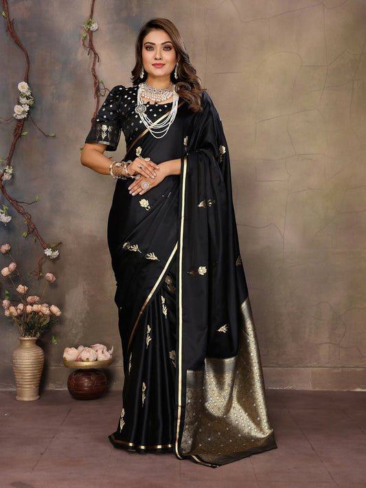 Joban Fashion Black Floral & Botanical Motifs Satin Silk Banarasi Silk Saree