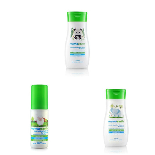 Mamaearth Daily Moisturizing Lotion & Gentle Cleansing Shampoo & Nourishing Hair Oil for Babies Genie India