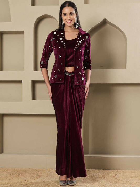 Joban Fashion Women Wine Velvet Hand Embellishment Stitched Dress