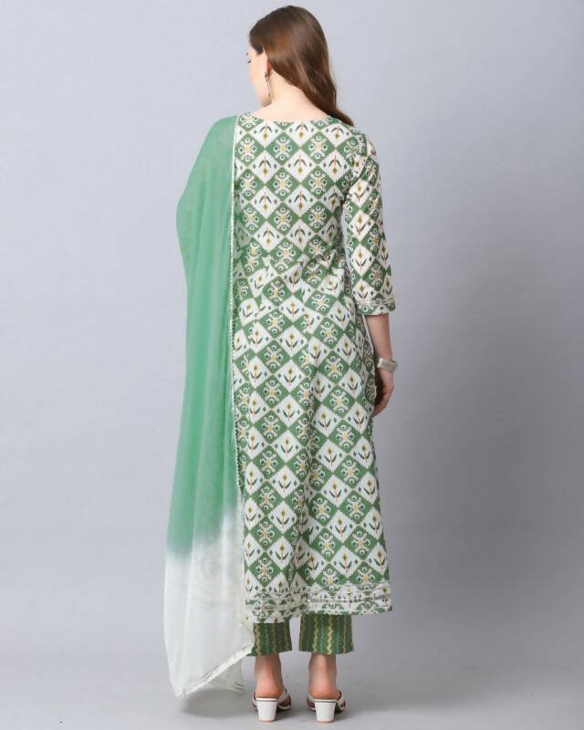 Aastha Fashion Women's Bottle Green Cotton Embroidered Kurta with Trouser & Dupatta - Grab2buy