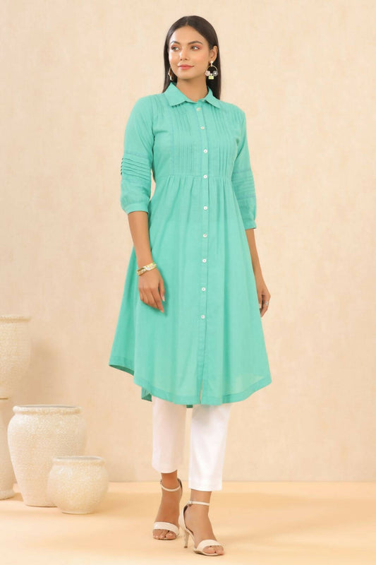 Juniper Womens Blush Turquoise Cotton Slub Solid Mid Length Shirt Dress With Lace Detailing