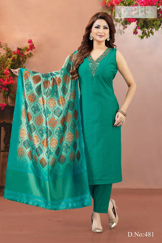 Joban Fashion Women Soft Silk Rama V Neck Emroidery Kurta Set