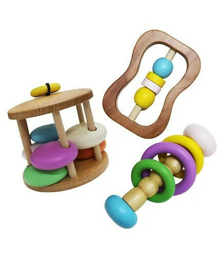 Matoyi Colorful Wooden Rattles For Babies - Set of 3