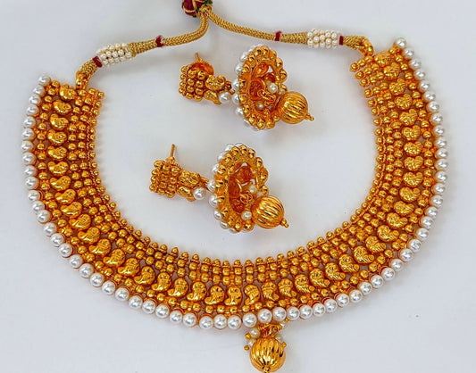 Metallic Mango Necklace Set With White Beads - Grab2buy