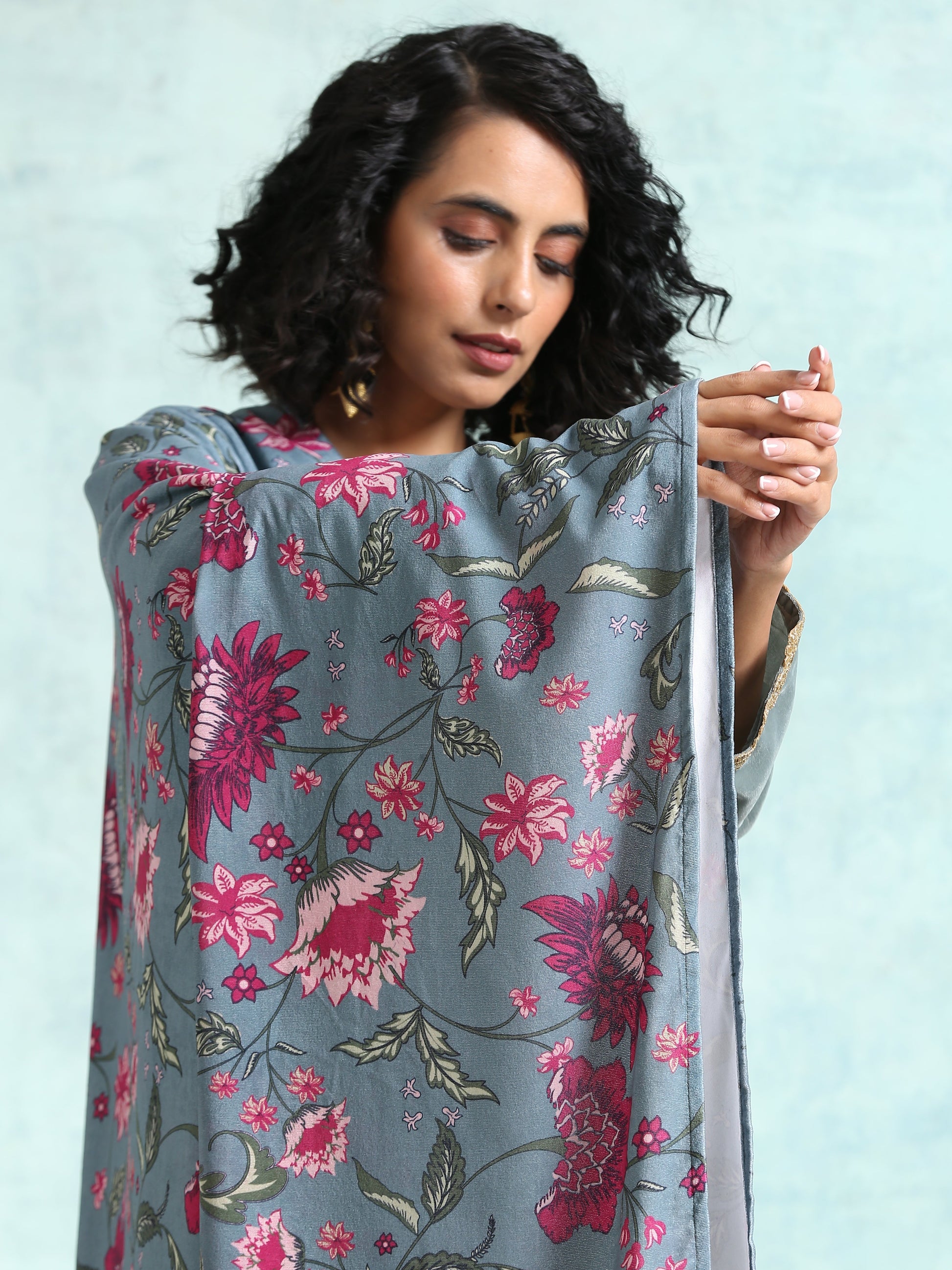 trueBrowns Grey Printed Velvet Shawl - Grab2buy