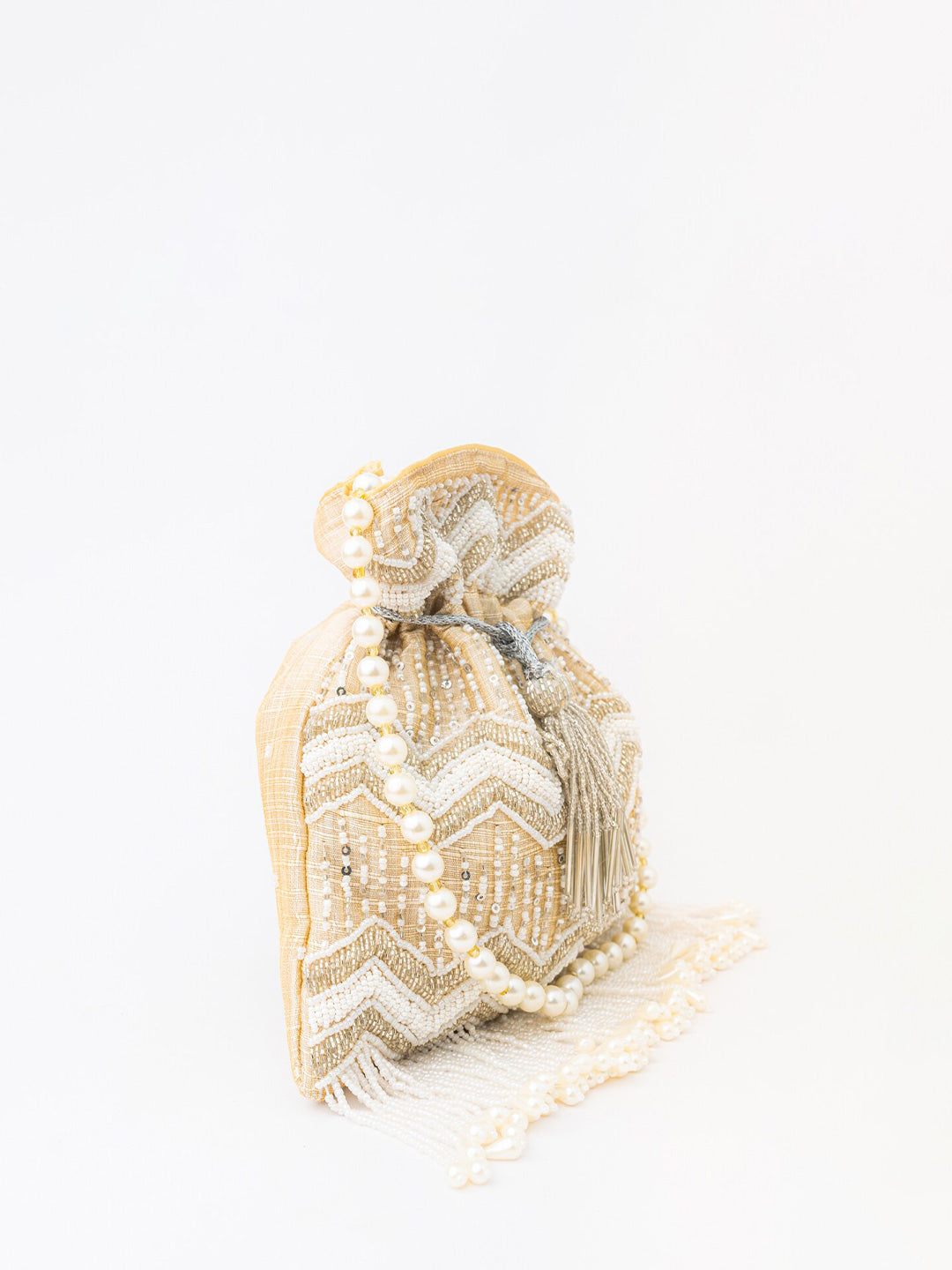 NR By Nidhi Rathi Cream-Coloured & Gold-Toned Embellished Potli Clutch - Grab2buy