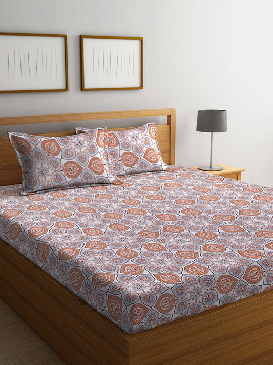 BOMBAY DYEING Brown & White Ethnic Motifs Cotton 104 TC King Bedsheet with 2 Pillow Covers | Grab2Buy