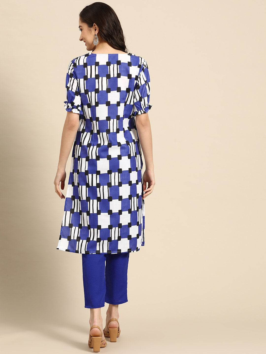 Sangria Women Navy Blue & White Printed A-Line Kurta with Trousers - Grab2buy