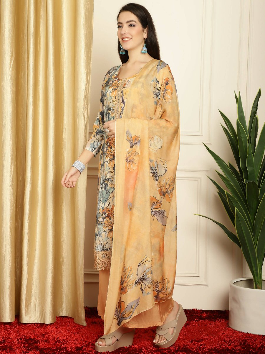 Aastha Fashion Women's Multicolor Muslin Digital Printed with Embroidered Lace work Kurta with Trouser & Dupatta - Grab2buy