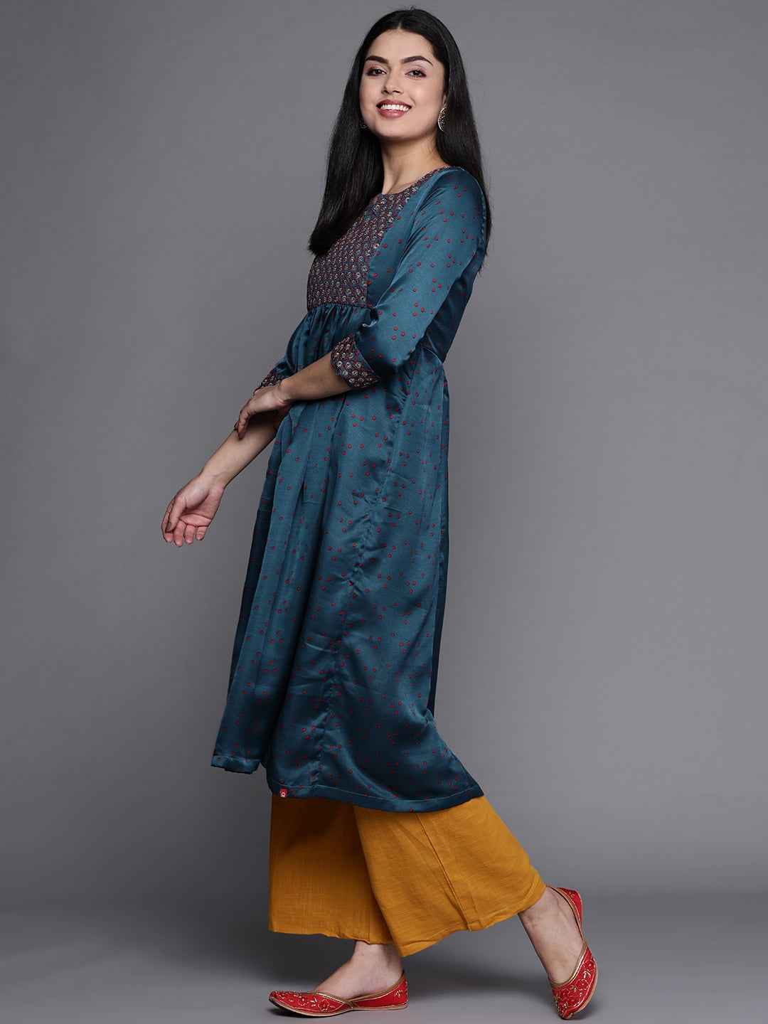 Biba Women Teal Geometric Embellished Kurta - Grab2buy