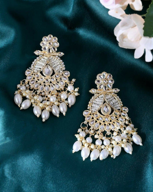 VOJ Gold-Polished Stone Studded Drop Earrings | Grab2Buy