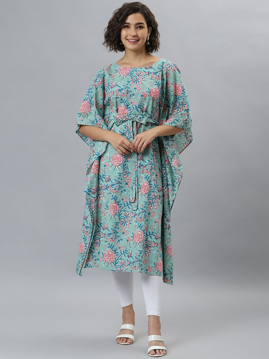 Janasya Women Sea Green Floral Printed Kaftan Kurta