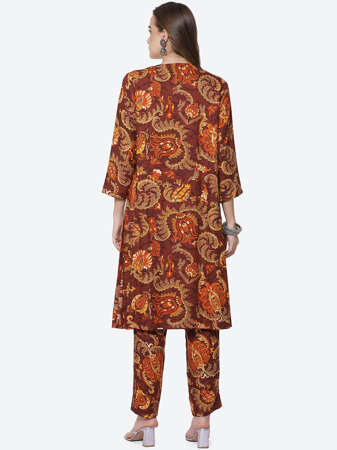Biba Women Brown Ethnic Motifs Printed Kurta with Trousers - Grab2buy