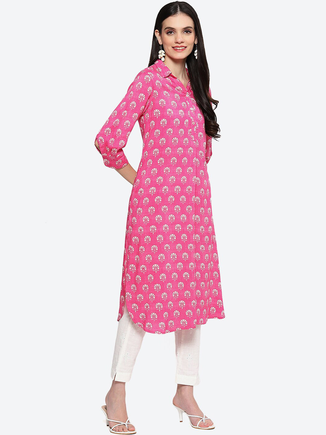 Biba Ethnic Motifs Printed Shirt Collar Kurta - Grab2buy