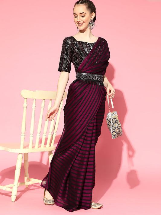 Saree Mall Burgundy Striped Poly Georgette Party Wear Saree with Matching Blouse