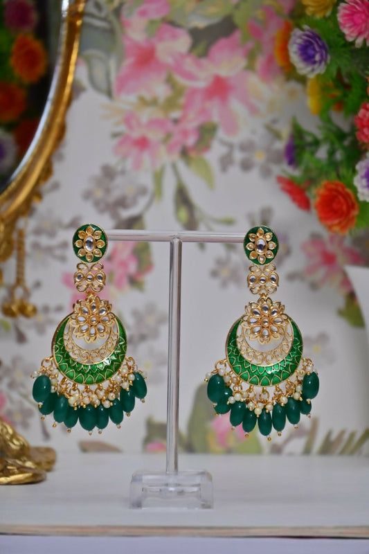 Green Gold-Polished Beautifully Enamelled Stylish Kundan & Pearl Dangle Women Earrings|Meenakari Chandbali Traditional Ethnic Wear Earrings By House of Ree House of Ree