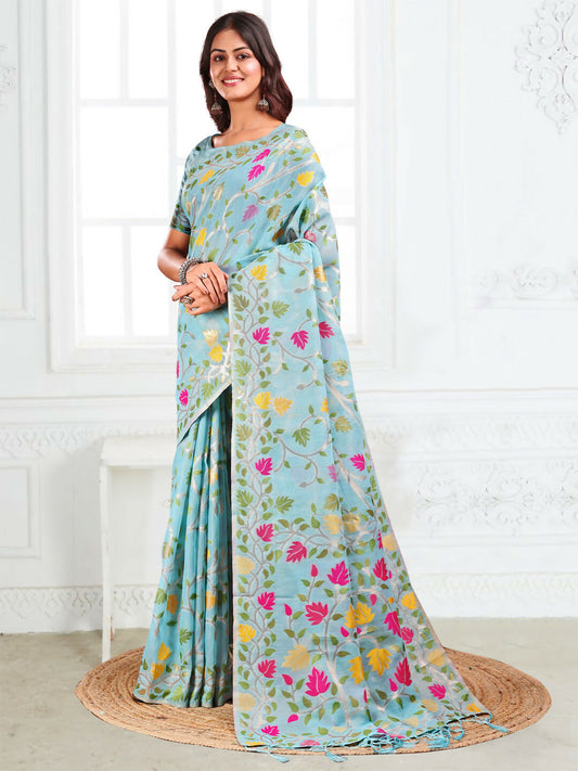 Shree Shyam Fashion Linen Cotton Sky Blue Saree