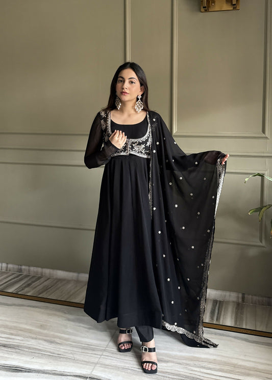 Lehenga Mart Designer Anarkali Suit With Kurta, Pant, Dupatta For Women-Black