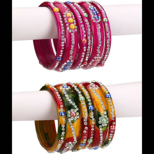 Afast Bridal Wedding & Party Fashionable Colorful Glass Bangle/Kada Set, Pack Of 12 - Pink, Yellow | Grab2Buy