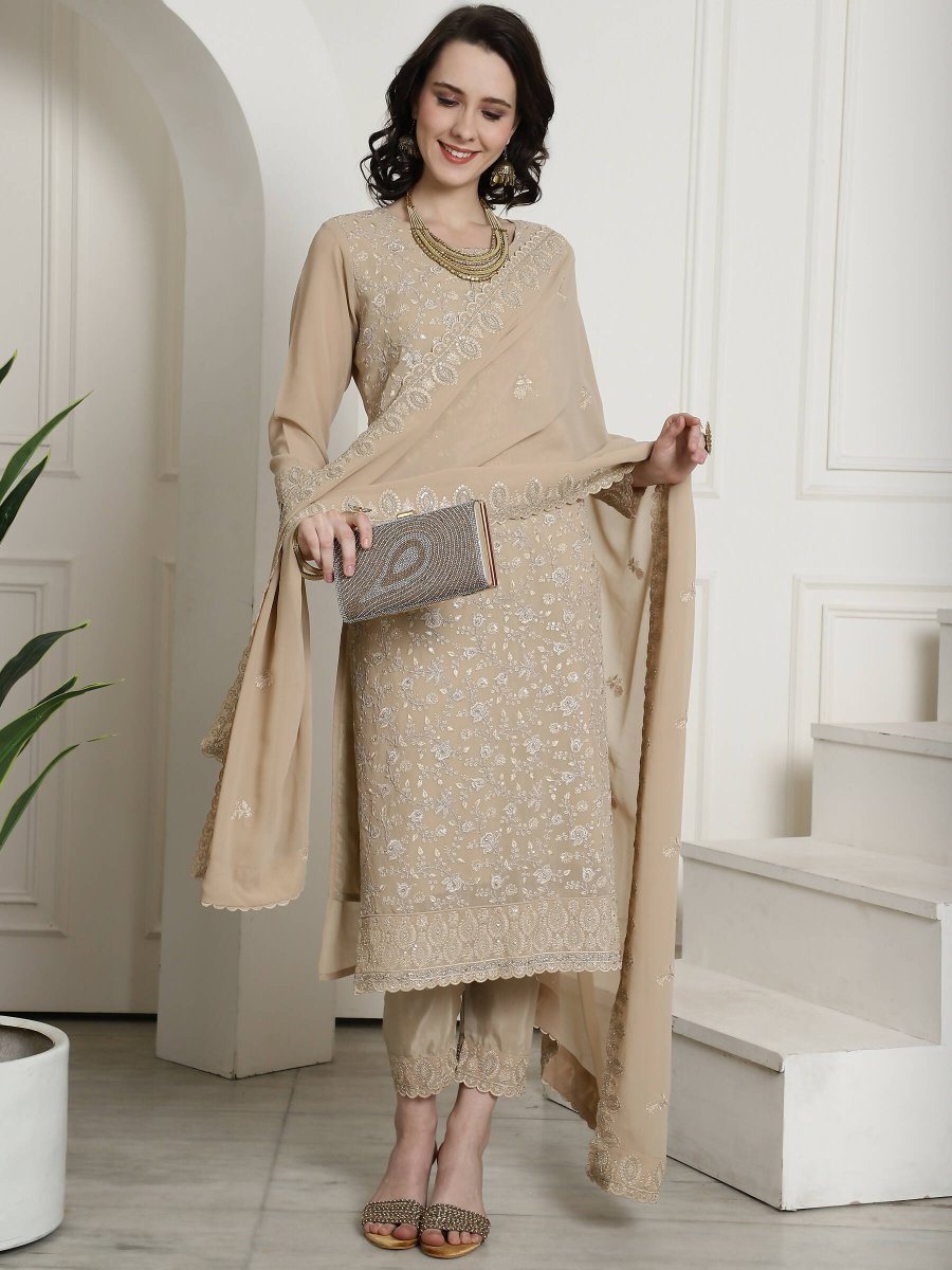 Aastha Fashion Women's Beige Georgette Floral Resham Thread with Cording & Crystal work Kurta with Trouser & Dupatta - Grab2buy