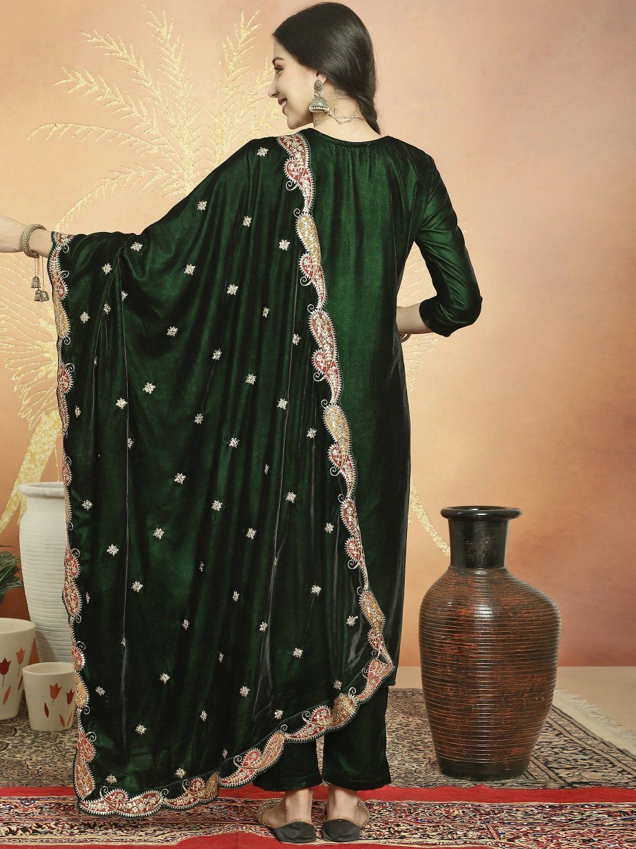 Aastha Fashion Women's Green Velvet Cording with Resham Thread & Sequin Kurta with Trouser & Dupatta - Grab2buy