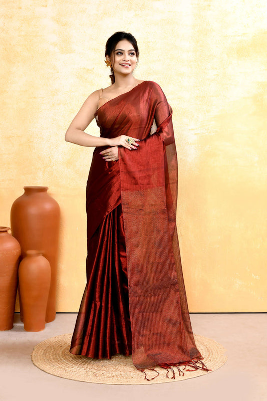 Piyari Fashion Women's Maroon Dual Tone Organic Tissue Saree With Blouse Piece