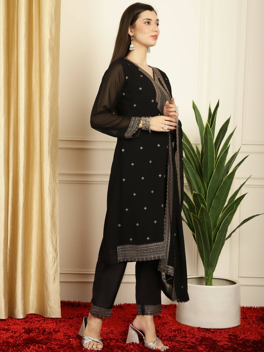 Aastha Fashion Women's Black Georgette Resham Thread & Sequin Kurta with Trouser & Dupatta - Grab2buy