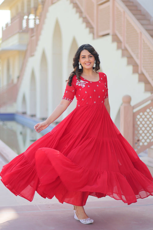 Joban Fashion Red Georgette Sequence Embroidery Work Gown