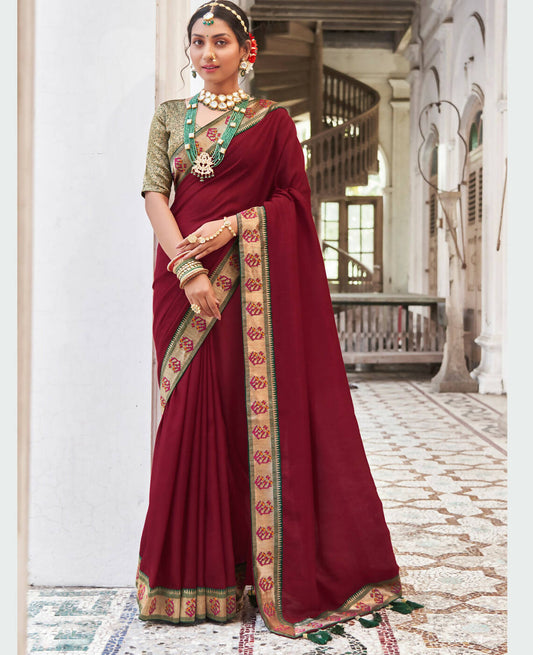 Maroon Vichitra Solid Saree With Unstitched Blouse Piece - Juhi