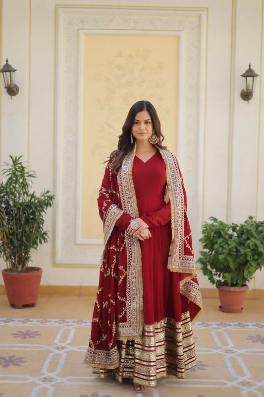 Jyoti Fashion Women's Maroon Faux Blooming Sequins Zari Embroideredy Anarkali Dress with Dupatta | Swadesiicart