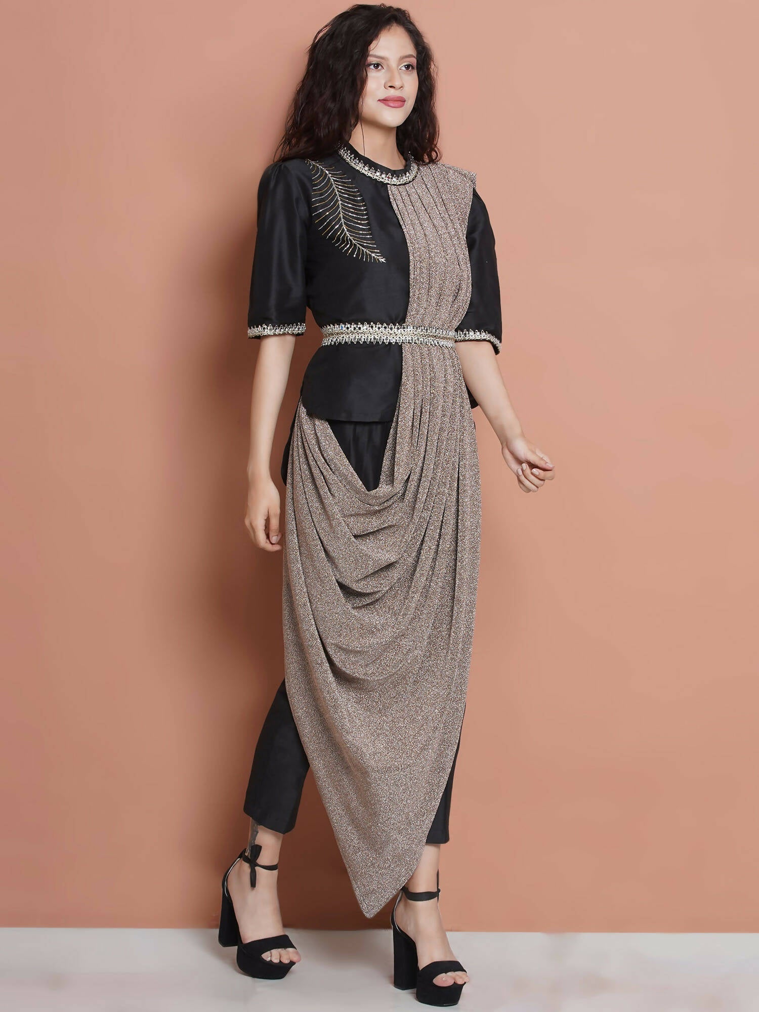 Women Republic Black Cotton Blended Set with Attached Drape - Grab2buy