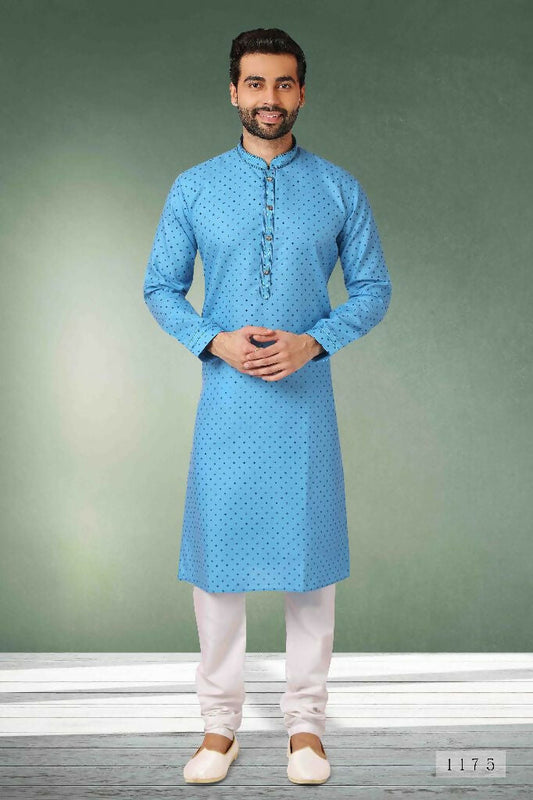 Raivat Ethnic Cotton Printed Work Kurta Pajama In Light Blue Colour