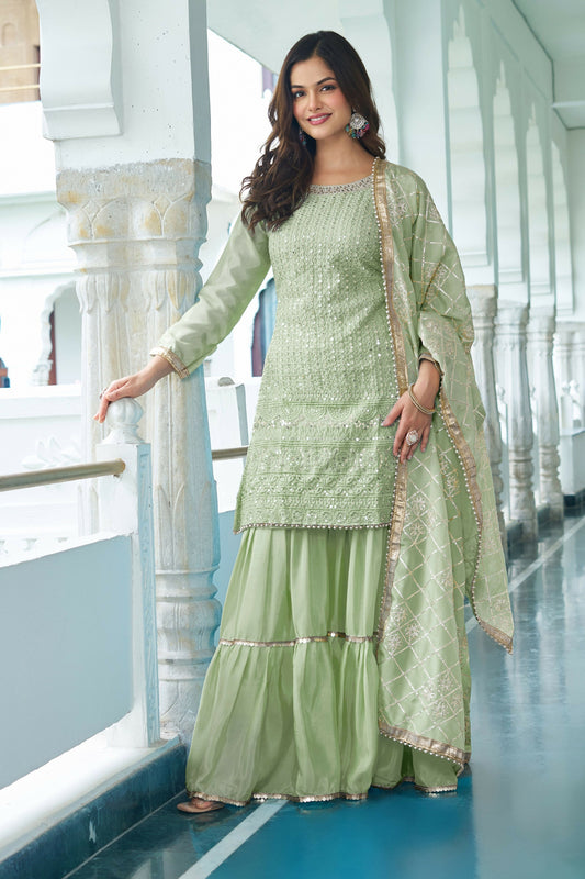 Joban Fashion Pista Chinon Silk Embroidery Sequence Work Readymade Kurta Set