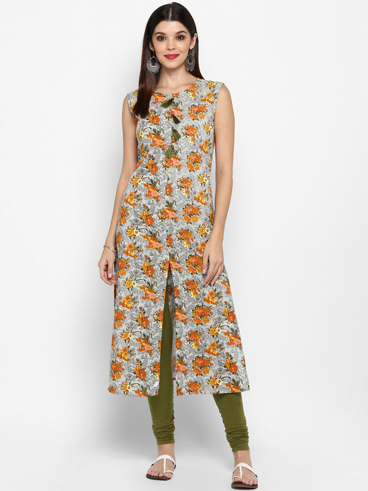 NOZ2TOZ Women's Mustard & Grey Floral Printed Kurta- (1pc set)