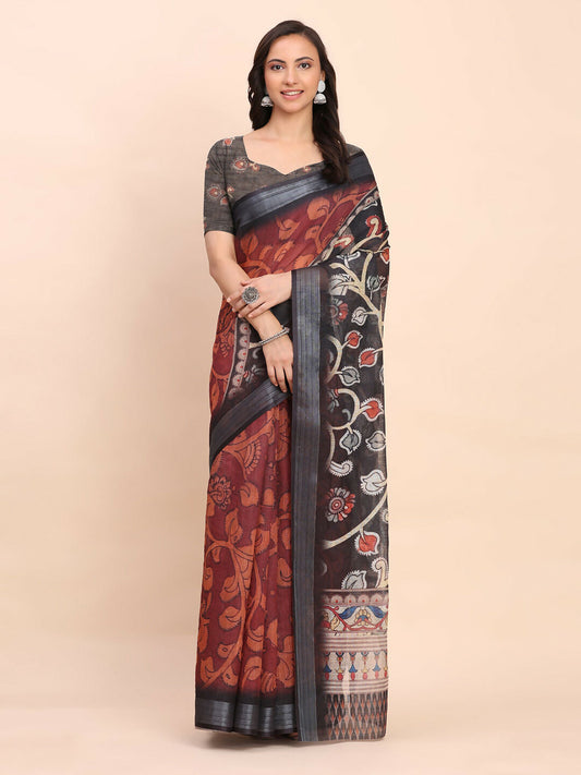 Shree Shyam Fashion Linen Cotton Maroon Saree