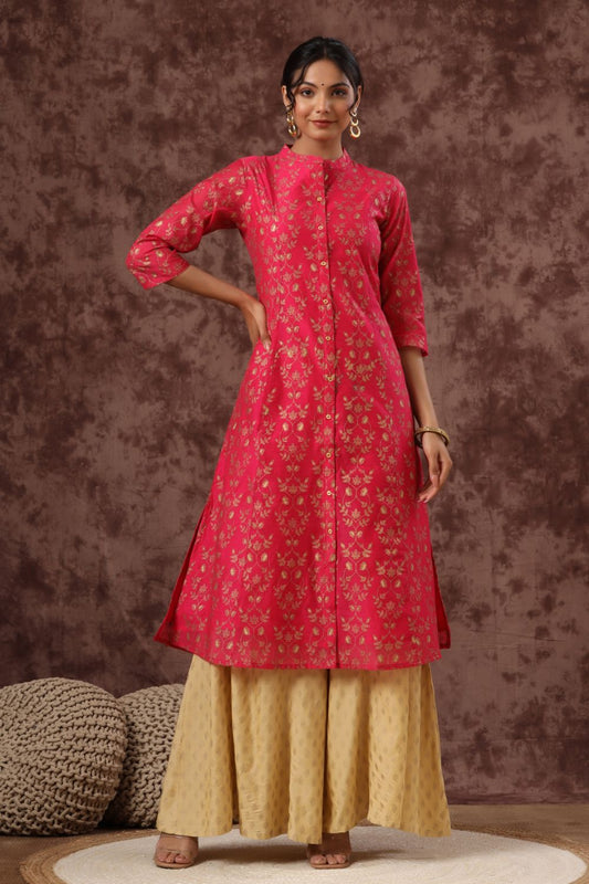 Juniper Womens Fuschia Chanderi Foil Printed Kurta