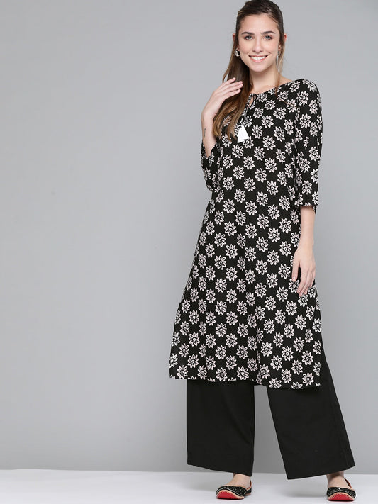 HERE&NOW Women Black & White Floral Printed Kurta