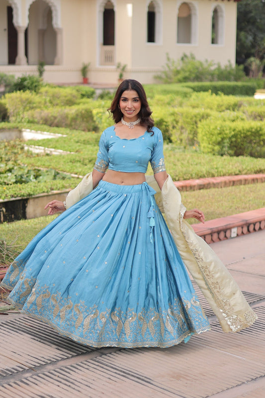 Lorenvalley Fashion Skyblue Gold Crush with Sequins & Zari Embroidered Work Lehenga Choli with Dupatta