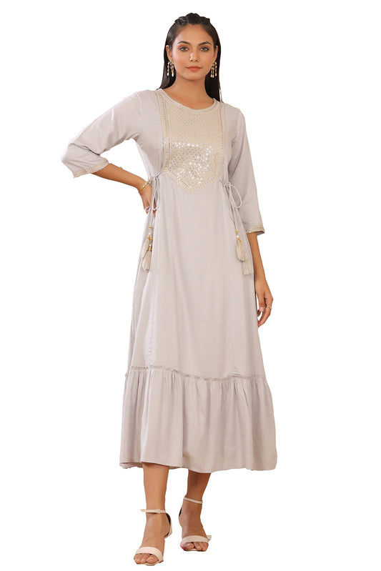 Juniper Women's Grey Zari Embroidered Rayon Dobby Maxi Dress