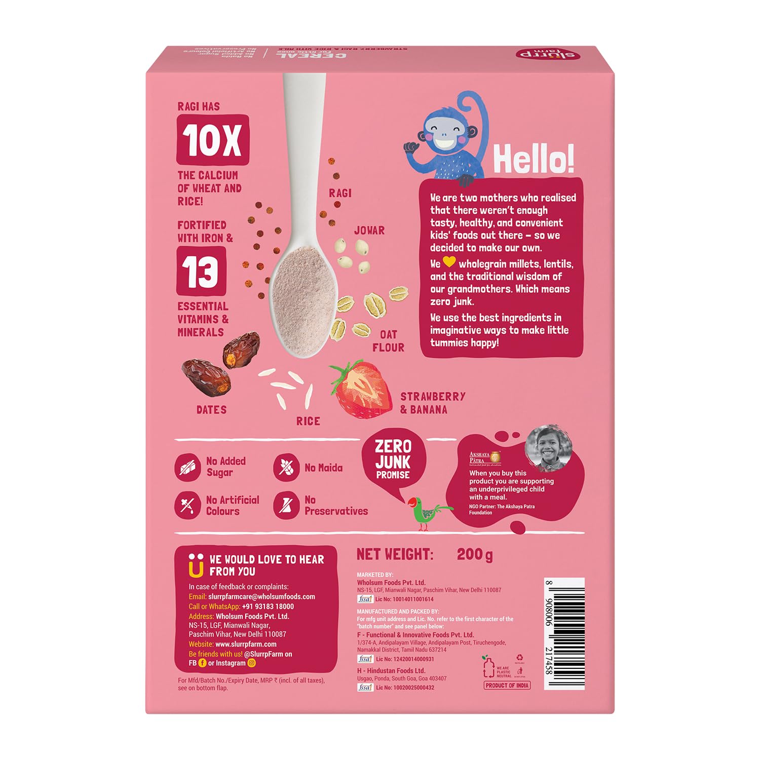 Slurrp Farm Instant Cereal With Ragi, Rice & Strawberry with Milk - Grab2buy