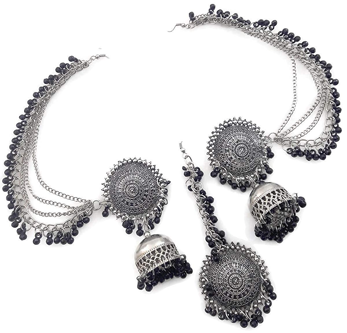 Silver-Plated Alloy Silver Black Earrings With Hair Extension - The Pari - Grab2buy