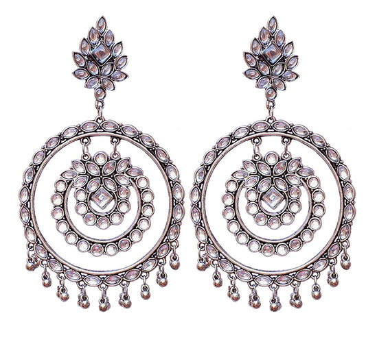 Silver-Plated Alloy Kundan Studded Silver Round Earrings - The Pari - Grab2buy