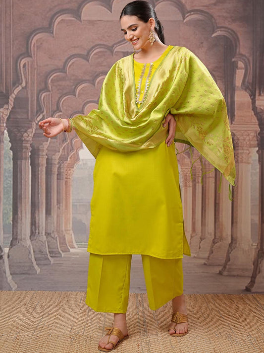 Vishudh Lime Green Gotta Patti Straight Kurta with Palazzo & Dupatta | Grab2Buy