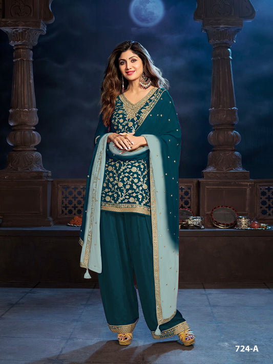 Anaita Teal Silk Farshi Salwar Suit With Codding Dori & Sequence Work