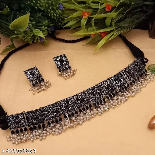 Tehzeeb Creations Women's Silver Colour Oxidised Necklace With Black Pearl | Grab2Buy