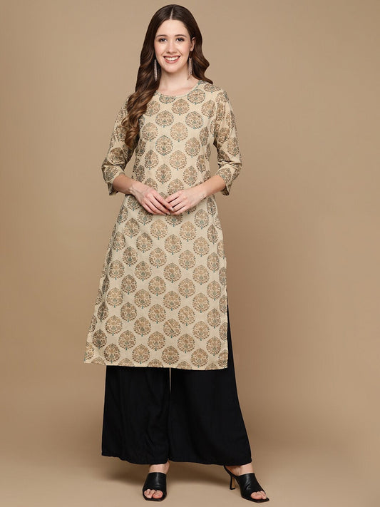 HERE&NOW Beige & Brown Ethnic Motifs Embroidered Pure Cotton Straight Kurta