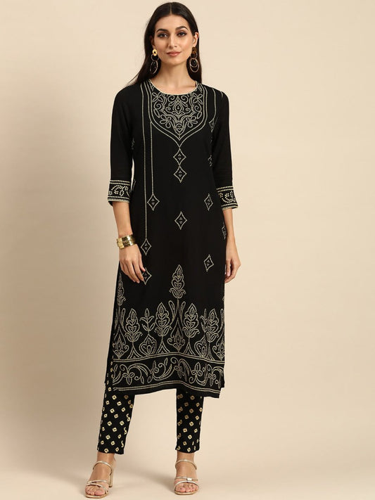 All About You Women Black Bandhani Printed Kurta with Trousers