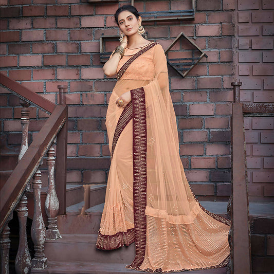 Peach Colored Net Embroidered Saree With Blouse - Norita Royal Adveka